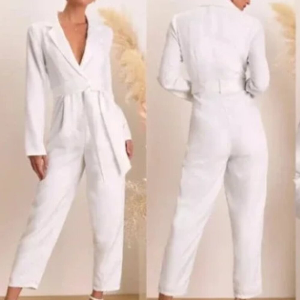Lulus Upscale Romantic White Floral Jacquard Collared Jumpsuit 33221